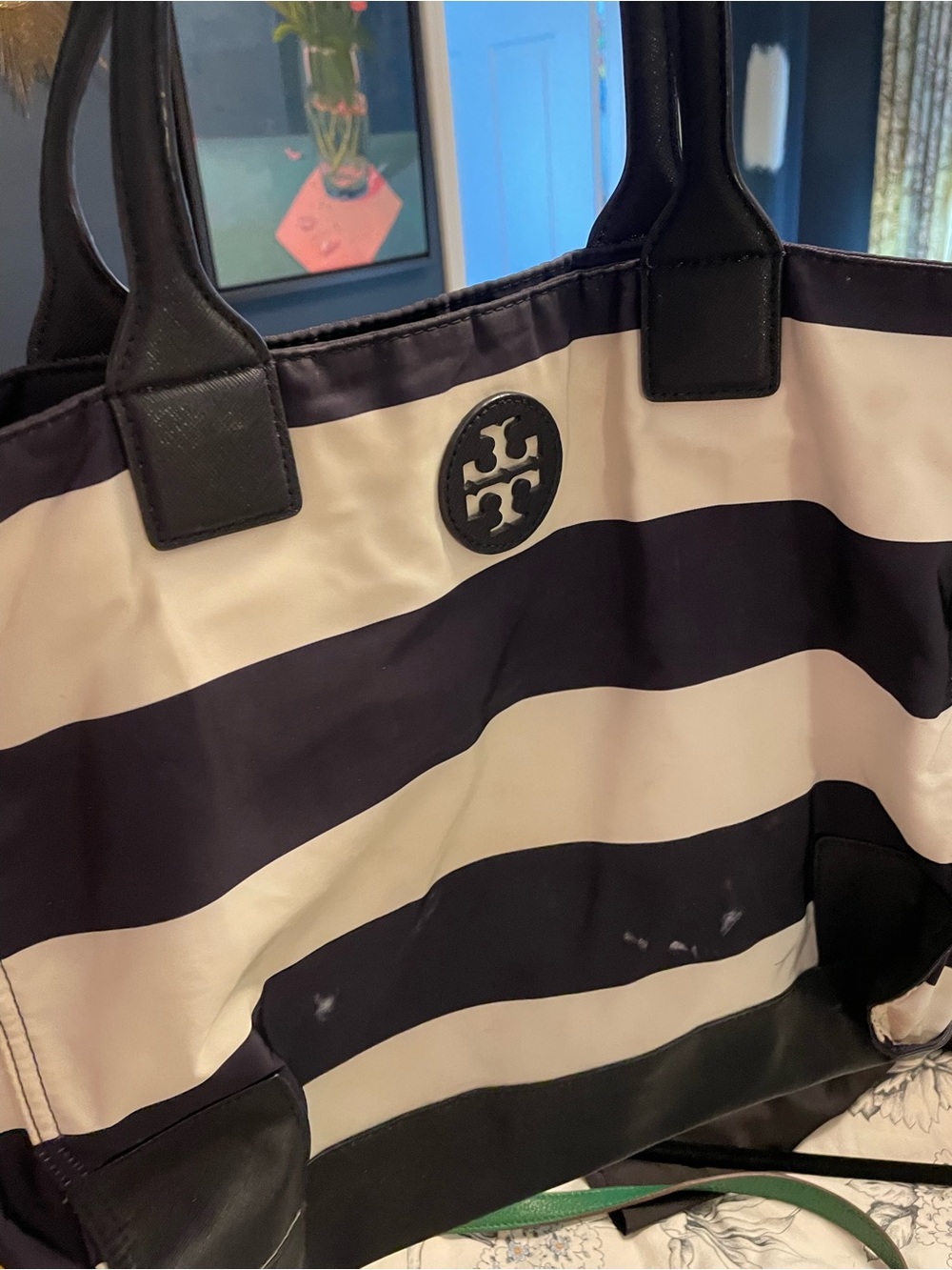 Tory Burch Navy and Cream Striped nylon Tote with navy Trim